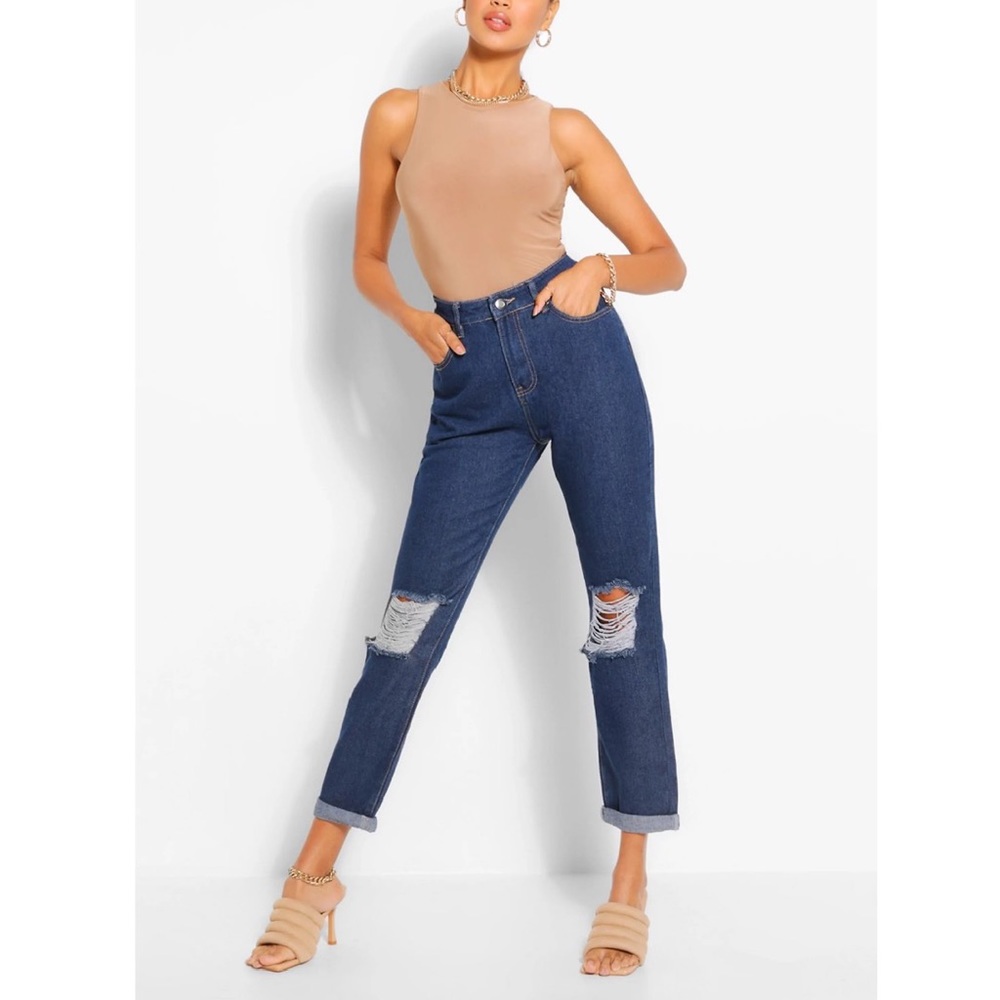 Boohoo High Rise Distressed Boyfriend Jeans